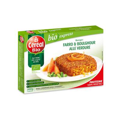 BURGER DI FARRO E BOULGHOUR ALLE VERDURE BIO